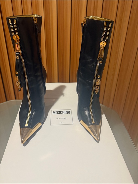 Moschino Shoes - Moschino Black Leather Pointed Toe Mid-Calf Boots with Gold Accents